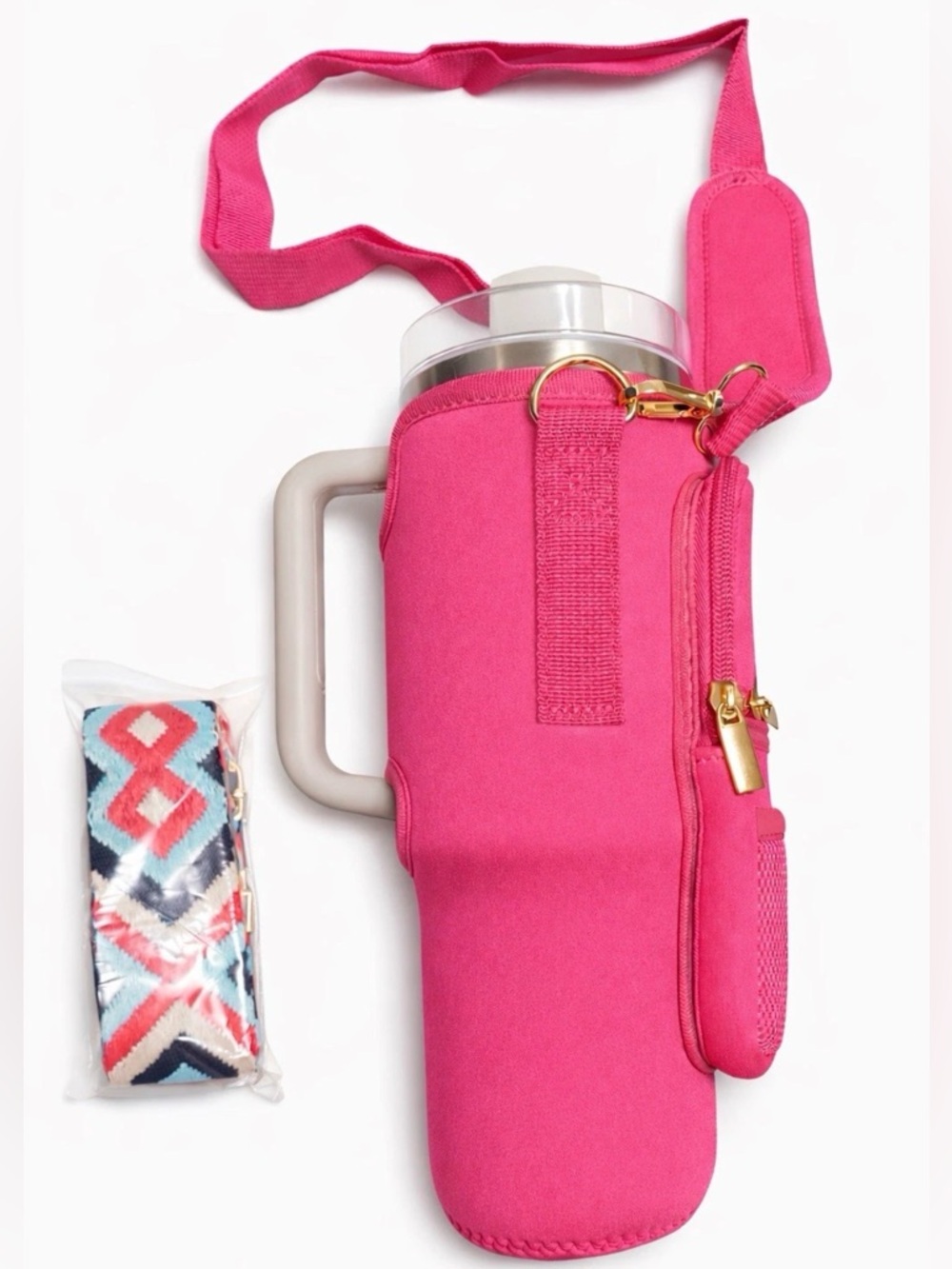 Pink Neoprene Tumbler Crossbody Carrier w/ Adj Strap & Bonus Strap Included C1
